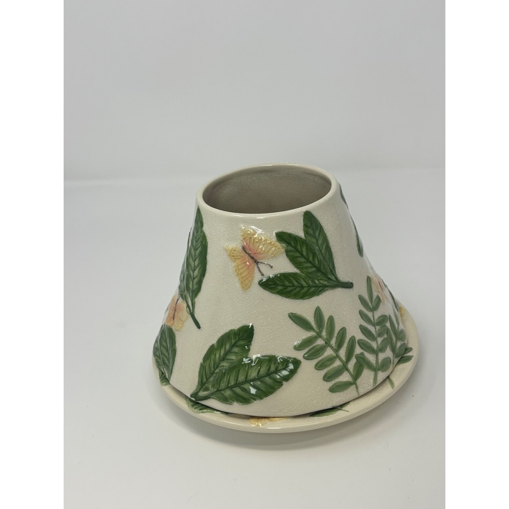Yankee Candle Ceramic Topper and Tray Set Butterfly Leaf Crackle Glaze Cream